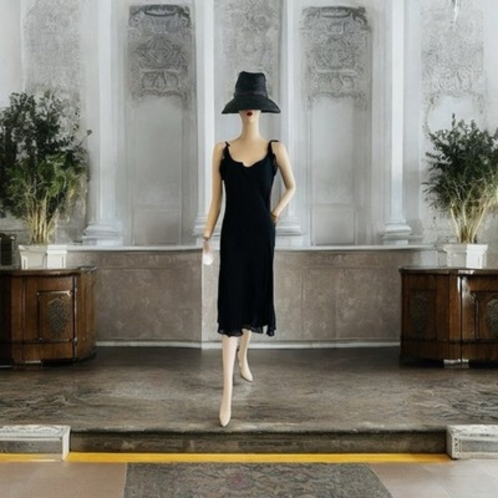 Vintage LAPIS Women Gown M Black V Neck Ruffle Sheer Ball Gown Tie Shoulder Midi